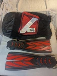 Atomic Open Heel Diving Fins, Medium, Red Split Blade Scuba. Fixed Price $75.00.