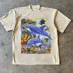 Dolphin And Reef-themed Retro Graphic Tee Unisex Short Sleeve T-shirt S-5XL. Fixed Price $20.99.