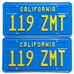 Yom Blue California License Plates, Pair, Aluminum W Bubbles. Fixed Price $125.00.