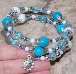 Silver Tone Bracelet Memory Wire Spiral Cuff Coil Wrap Aqua Blue & White Beads. Fixed Price $19.99.