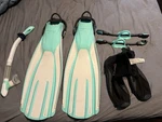 Mares Aqua Fins, Snorkel, And Booties Set - Light Blue/white For Water Sports. Fixed Price $90.00.