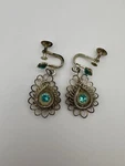Vintage (1954) Italian Delicate Wire Aqua Peacock Clip Earrings With Note. Fixed Price $25.00.